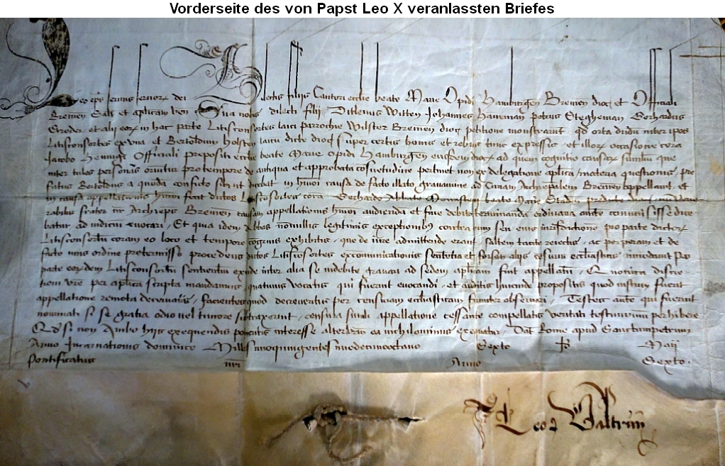 Vorderseite des von Papst Leo X veranlassten Briefes